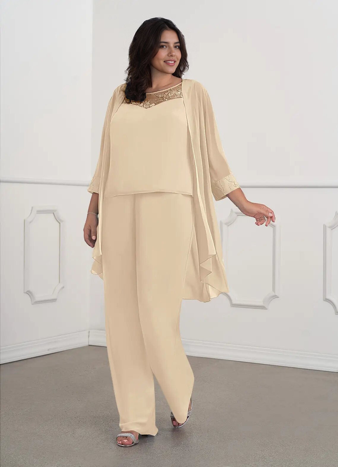 Augday Maura Mother of the Bride Dresses JumpsuitPantsuit Sequins Chiffon Dress Plus Size