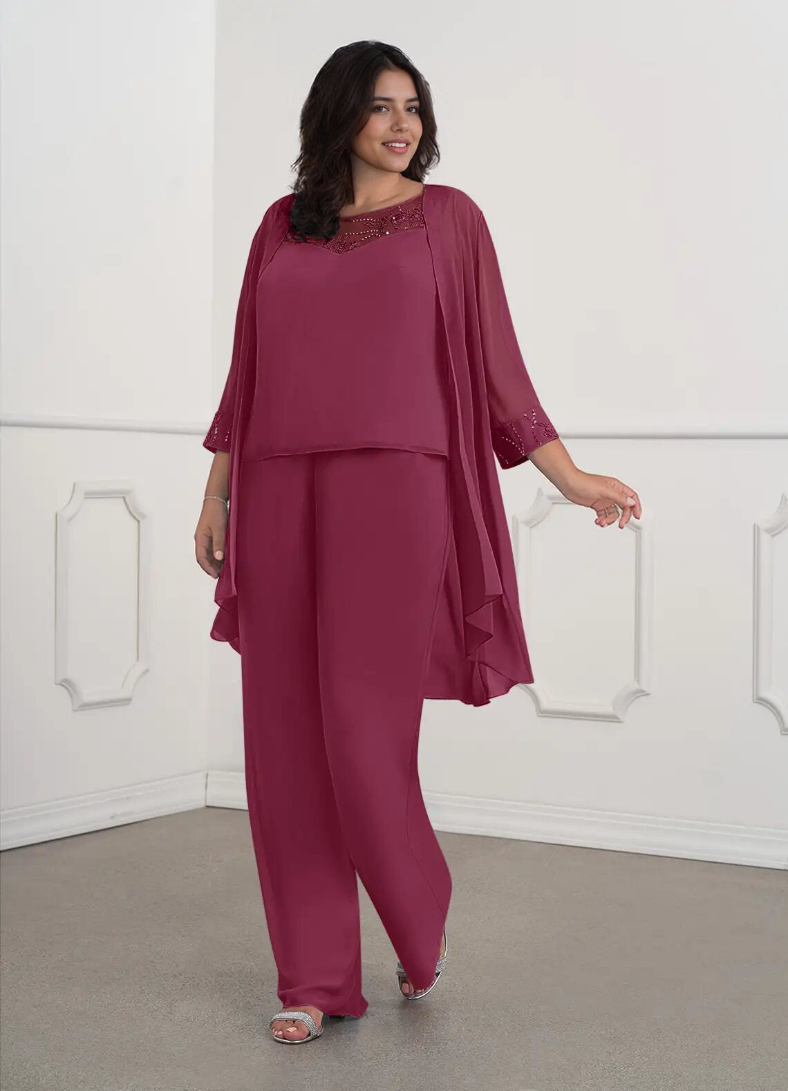 Augday Maura Mother of the Bride Dresses JumpsuitPantsuit Sequins Chiffon Dress Plus Size