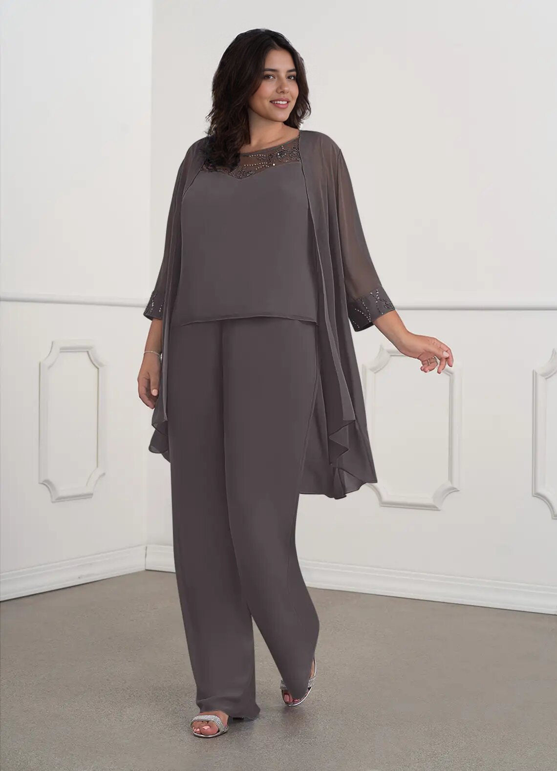 Augday Maura Mother of the Bride Dresses JumpsuitPantsuit Sequins Chiffon Dress Plus Size