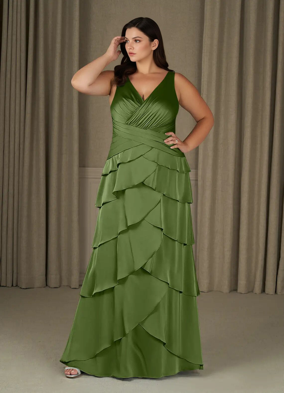 Augday Viola A-Line Pleated Stretch Satin Dress Plus Size