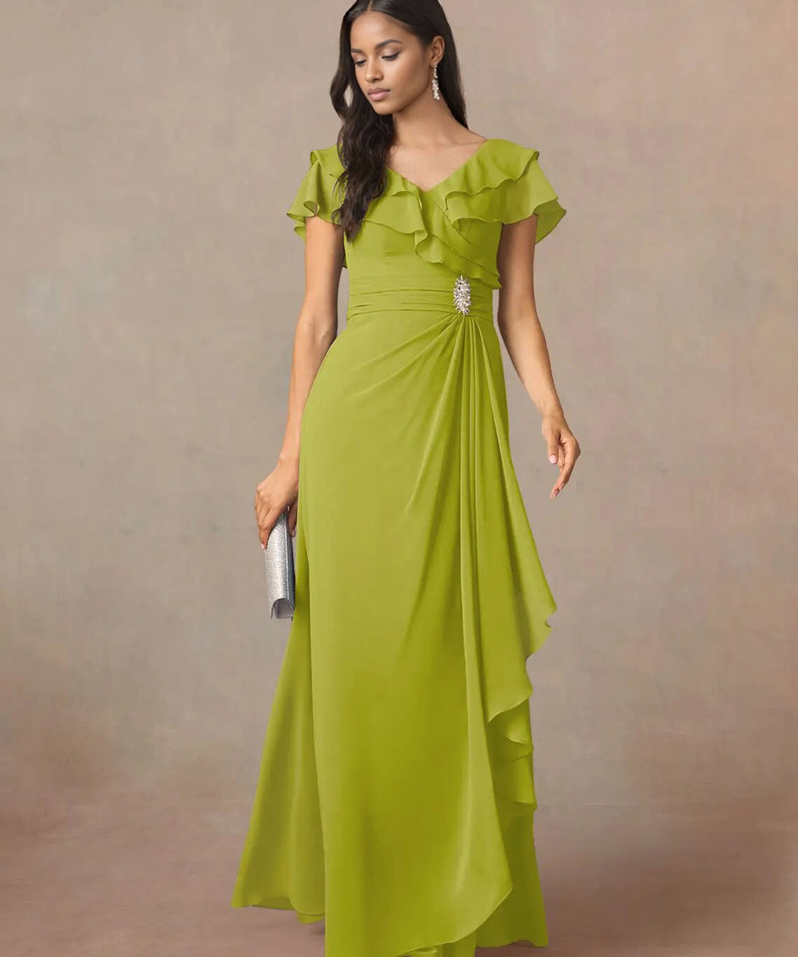 Augday A-Line V-Neck Ruched Chiffon Dress
