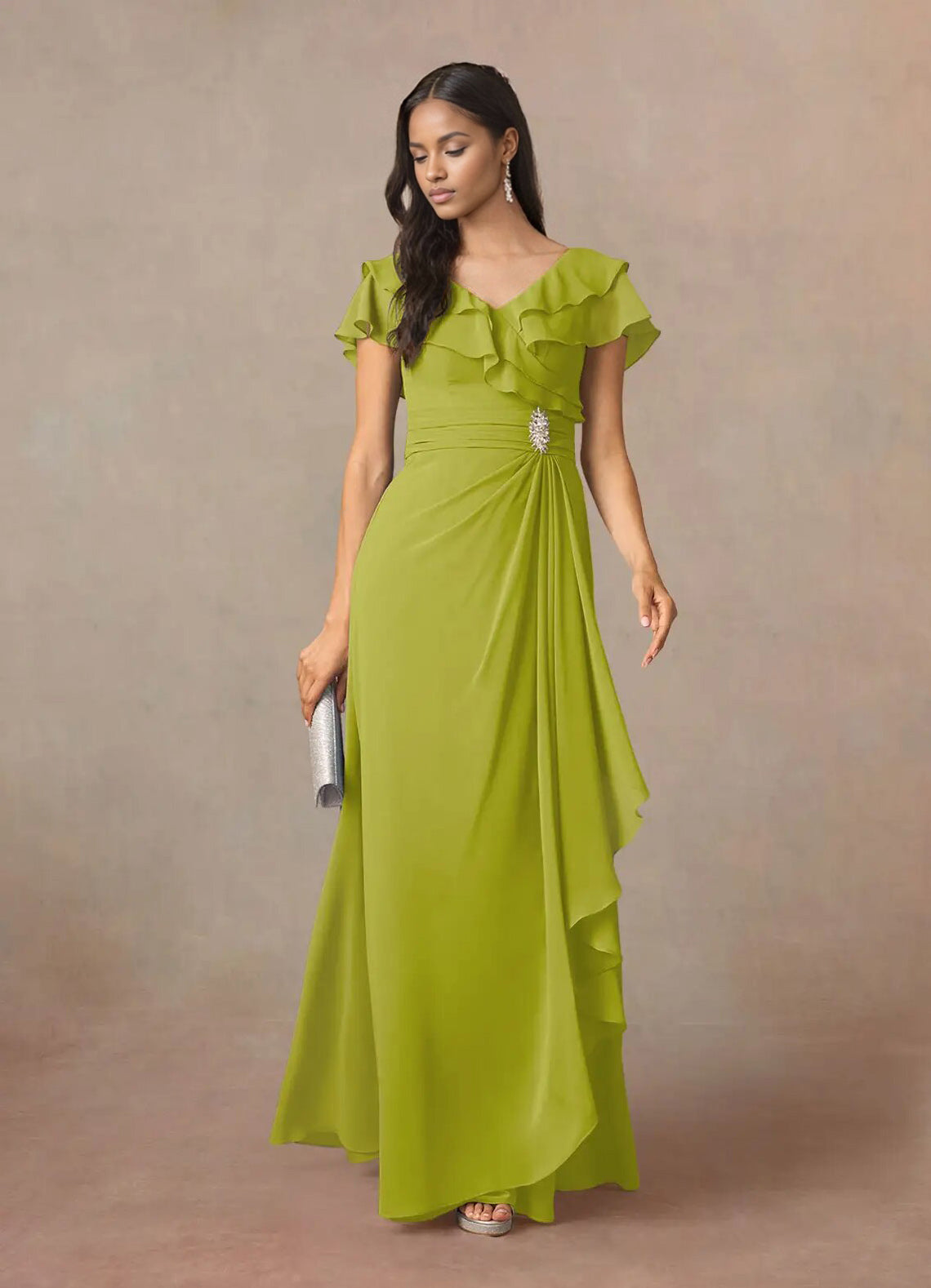 Augday A-Line V-Neck Ruched Chiffon Dress