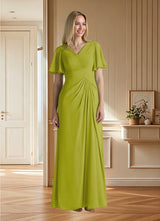 Augday Morning Glory A-Line V-Neck Ruched Chiffon Dress