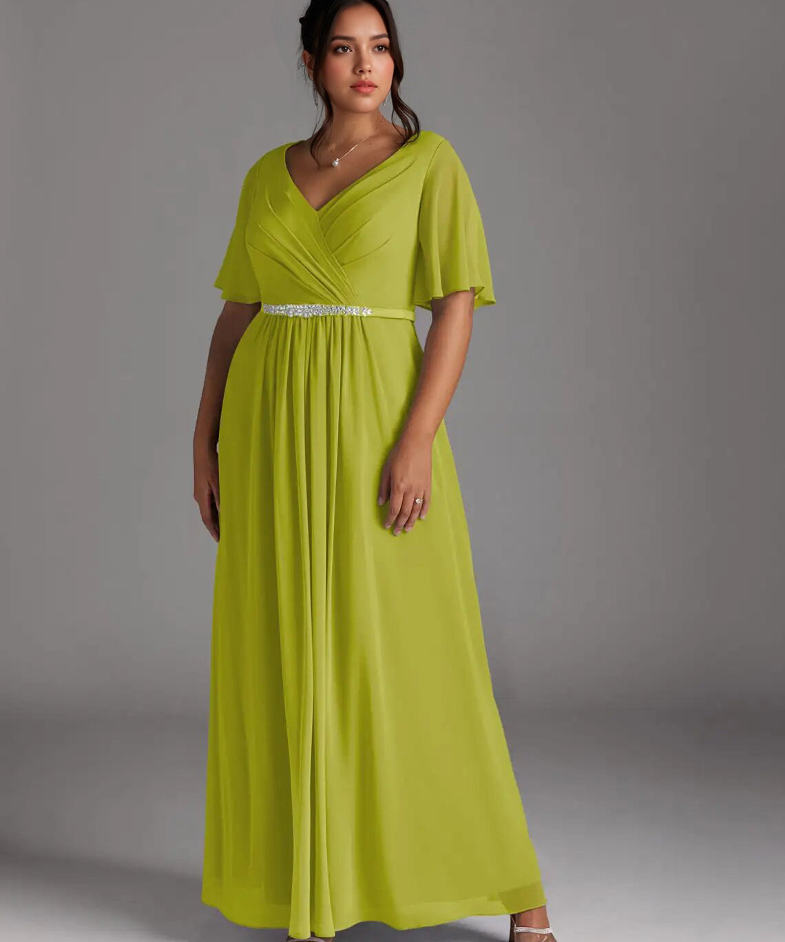 Augday A-Line V-Neck Pleated Chiffon Dress Plus Size
