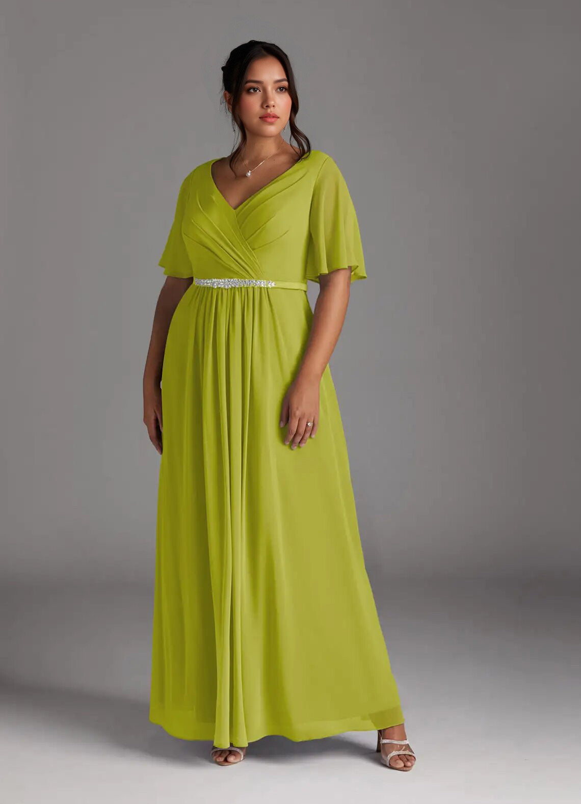 Augday A-Line V-Neck Pleated Chiffon Dress Plus Size