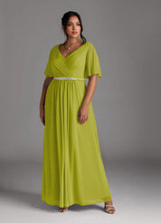 Augday A-Line V-Neck Pleated Chiffon Dress Plus Size