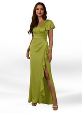 Augday Roya Mermaid V-Neck Pleated Stretch Satin Dress
