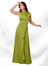 Augday Narine A-Line High Neckline Pleated Stretch Satin Dress