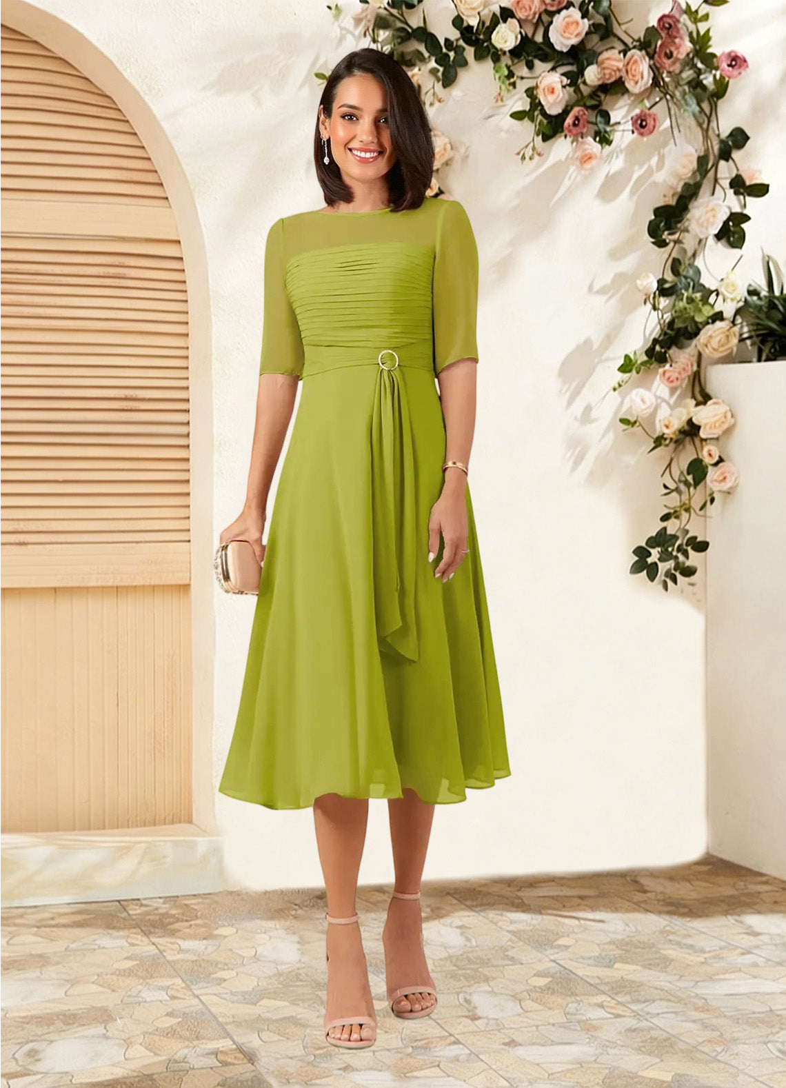 Augday Naomi A-Line Boatneck Pleated Chiffon Dress
