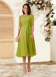 Augday Naomi A-Line Boatneck Pleated Chiffon Dress