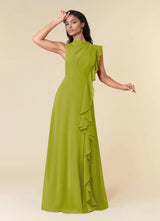Augday A-Line High Neckline Pleated Chiffon Dress