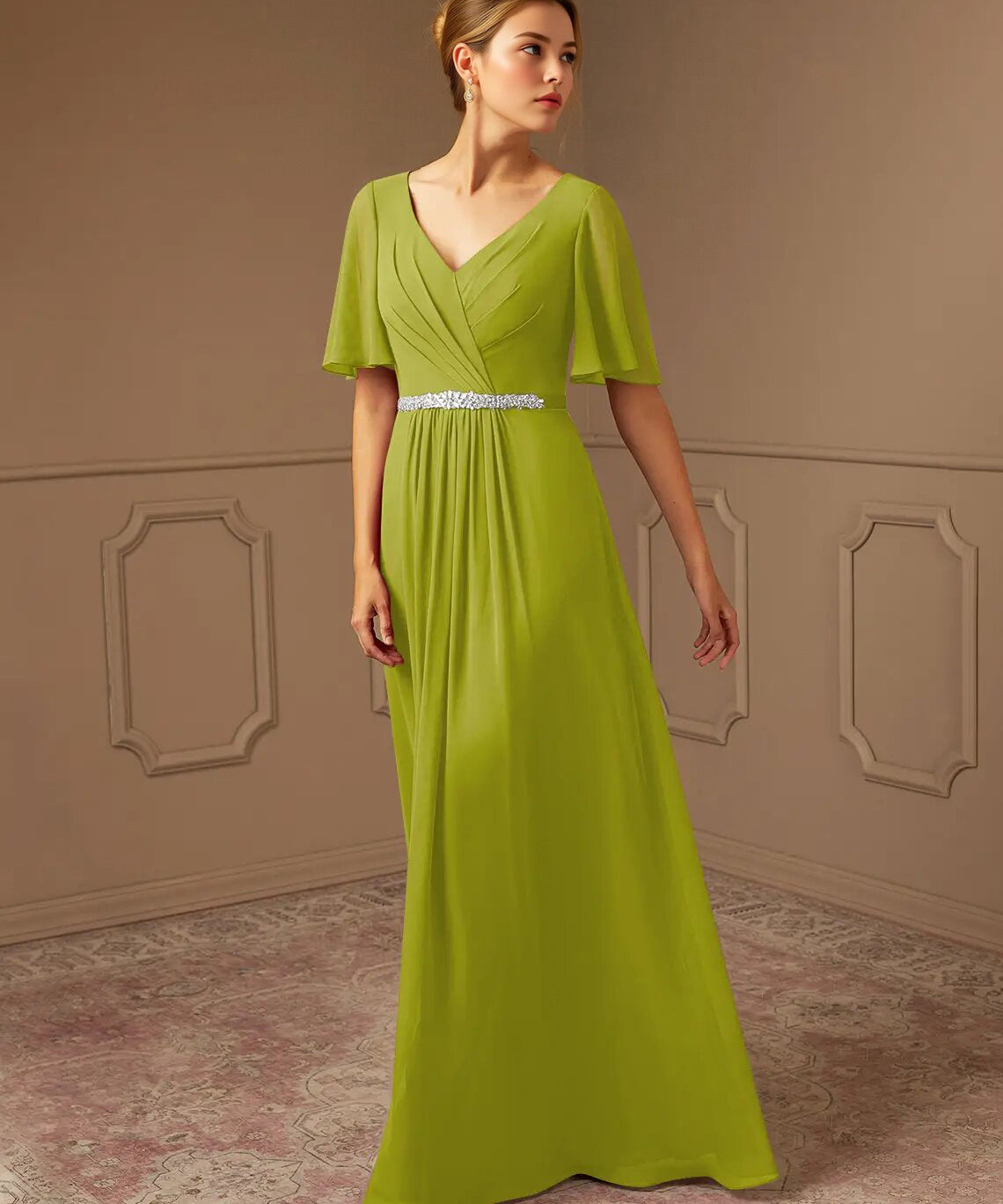 Augday A-Line V-Neck Pleated Chiffon Dress