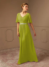 Augday A-Line V-Neck Pleated Chiffon Dress
