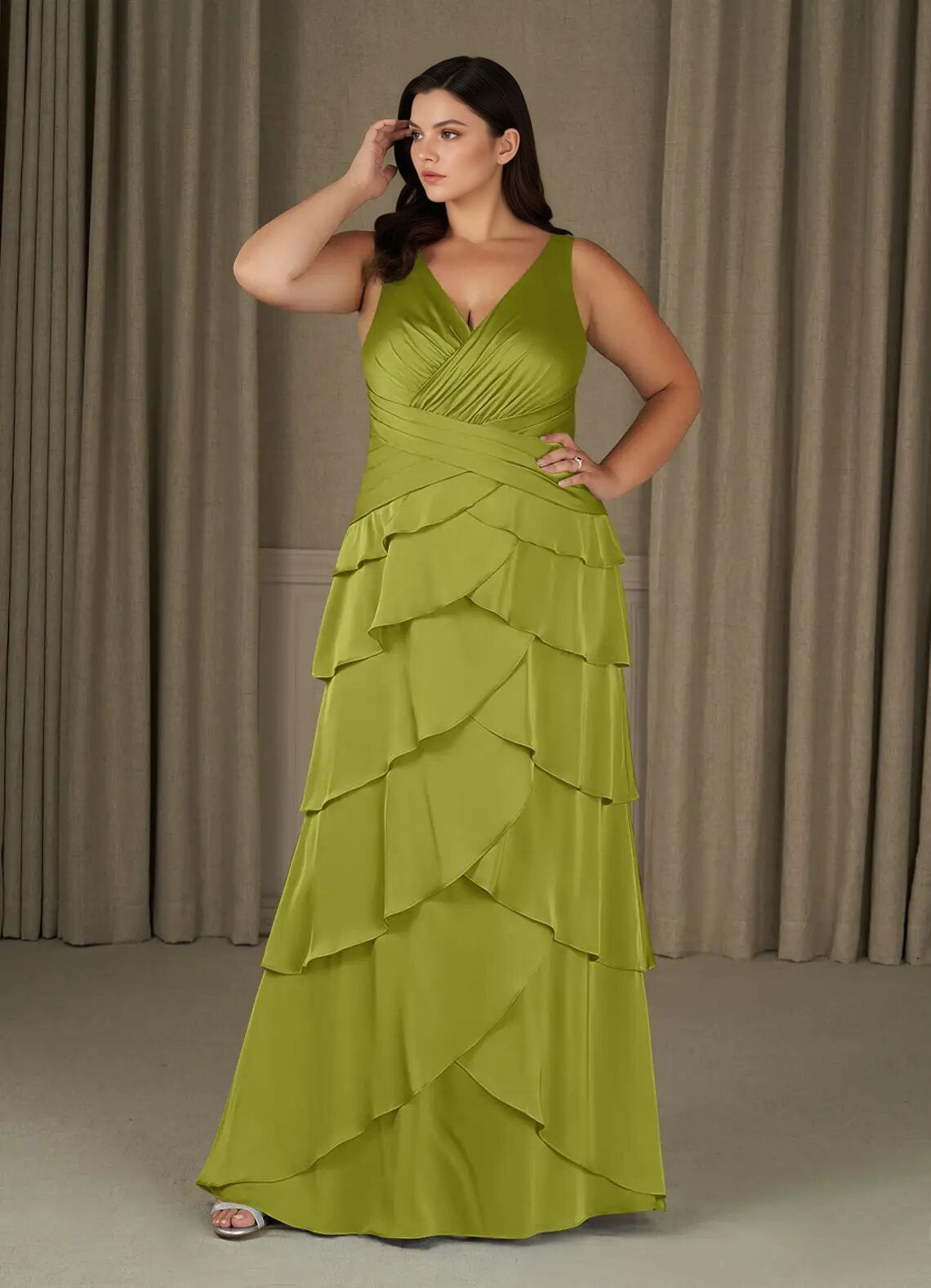 Augday Viola A-Line Pleated Stretch Satin Dress Plus Size