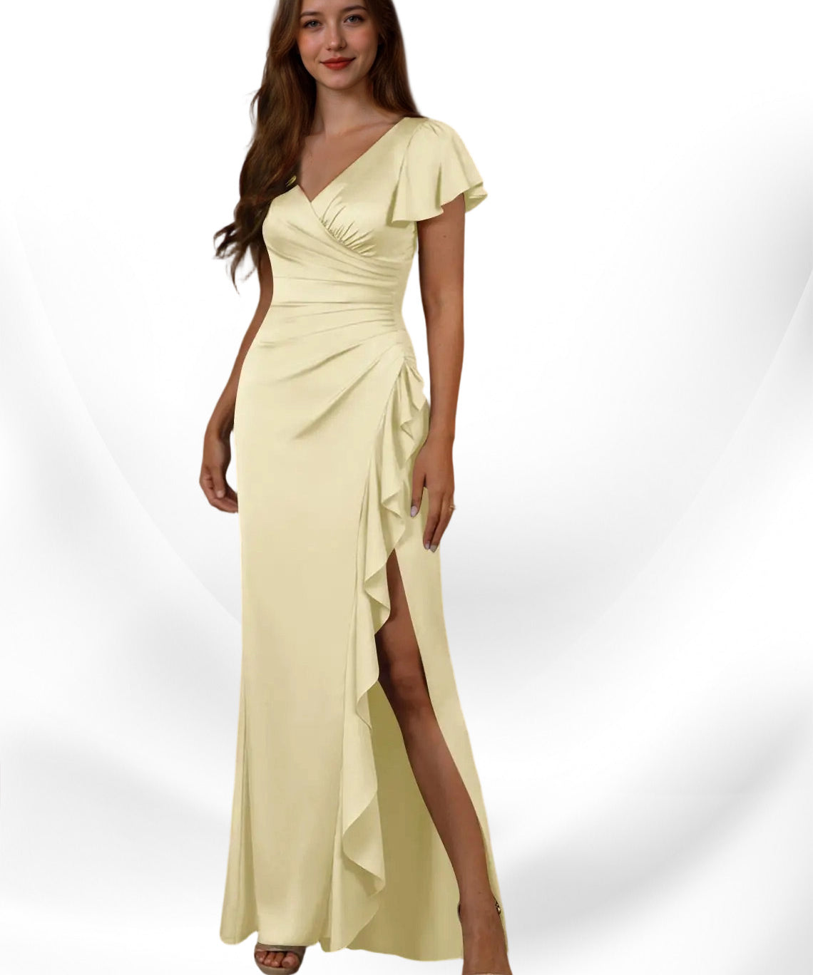 Augday Roya Mermaid V-Neck Pleated Stretch Satin