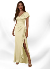 Augday Roya Mermaid V-Neck Pleated Stretch Satin