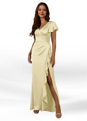 Augday Roya Mermaid V-Neck Pleated Stretch Satin Dress