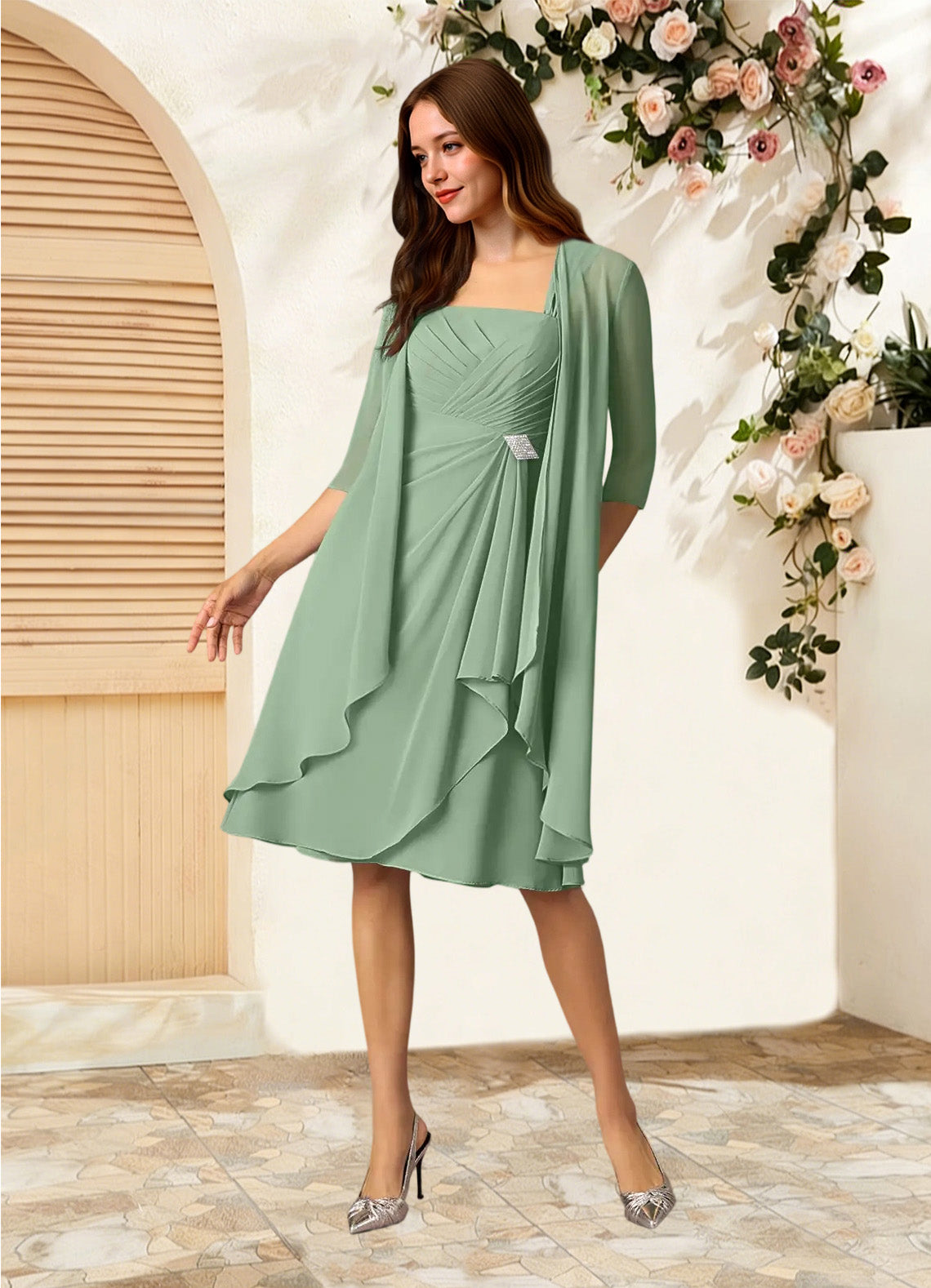 Augday Olivia A-Line Square Neckline Pleated Chiffon Dress