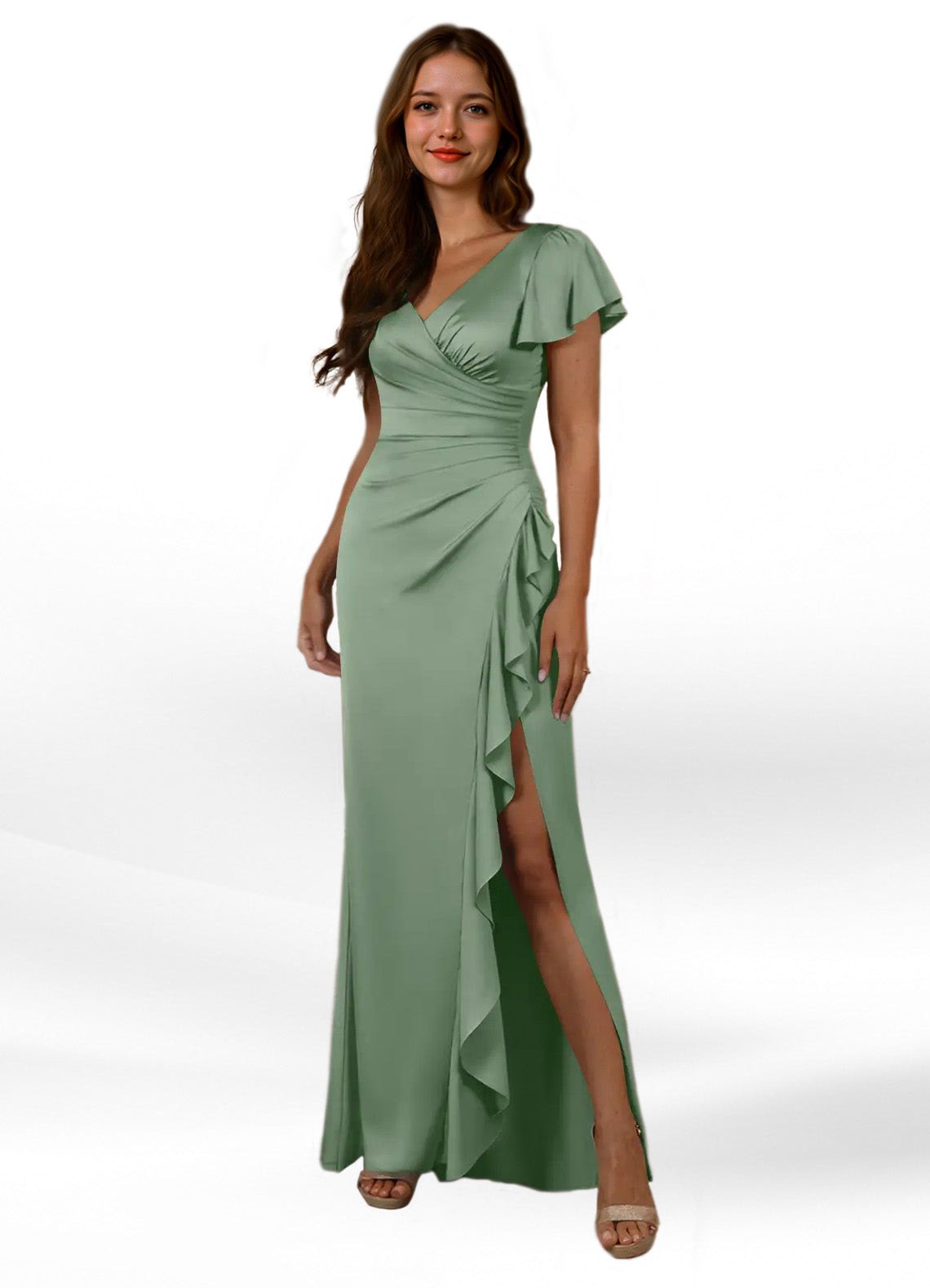Augday Roya Mermaid V-Neck Pleated Stretch Satin Dress