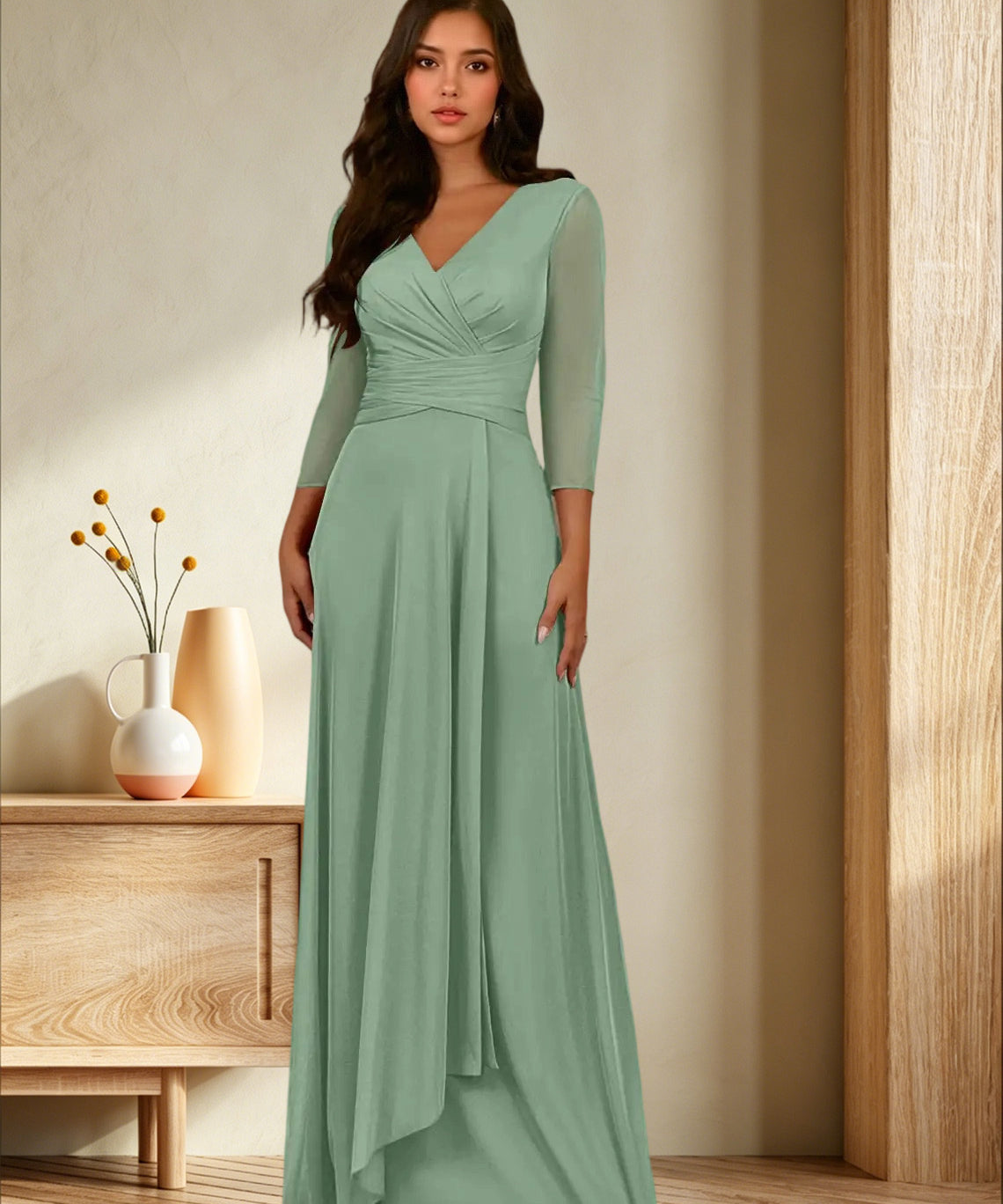 Augday Annetta A-Line V-Neck Pleated Mesh Dress