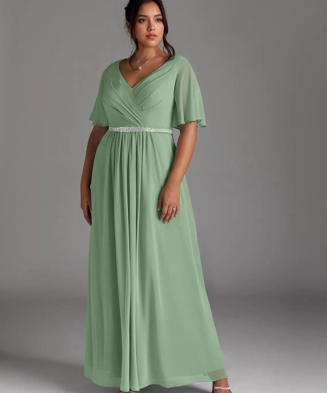 Augday A-Line V-Neck Pleated Chiffon Dress Plus Size
