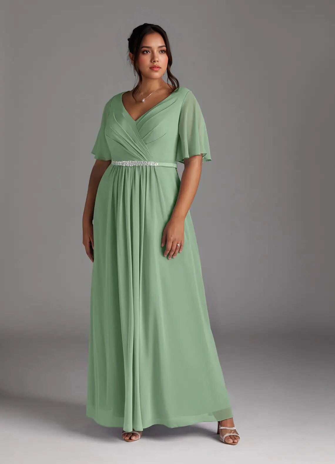 Augday A-Line V-Neck Pleated Chiffon Dress Plus Size