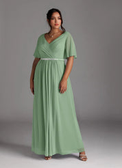 Augday A-Line V-Neck Pleated Chiffon Dress Plus Size