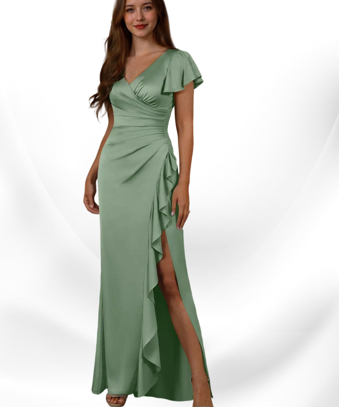 Augday Roya Mermaid V-Neck Pleated Stretch Satin
