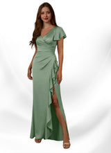 Augday Roya Mermaid V-Neck Pleated Stretch Satin