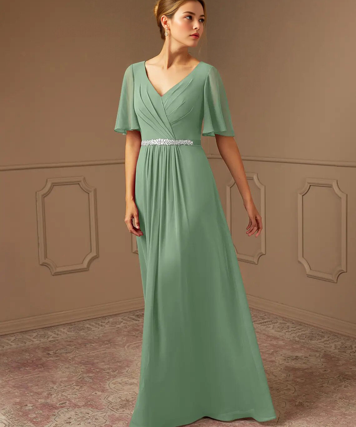 Augday A-Line V-Neck Pleated Chiffon Dress
