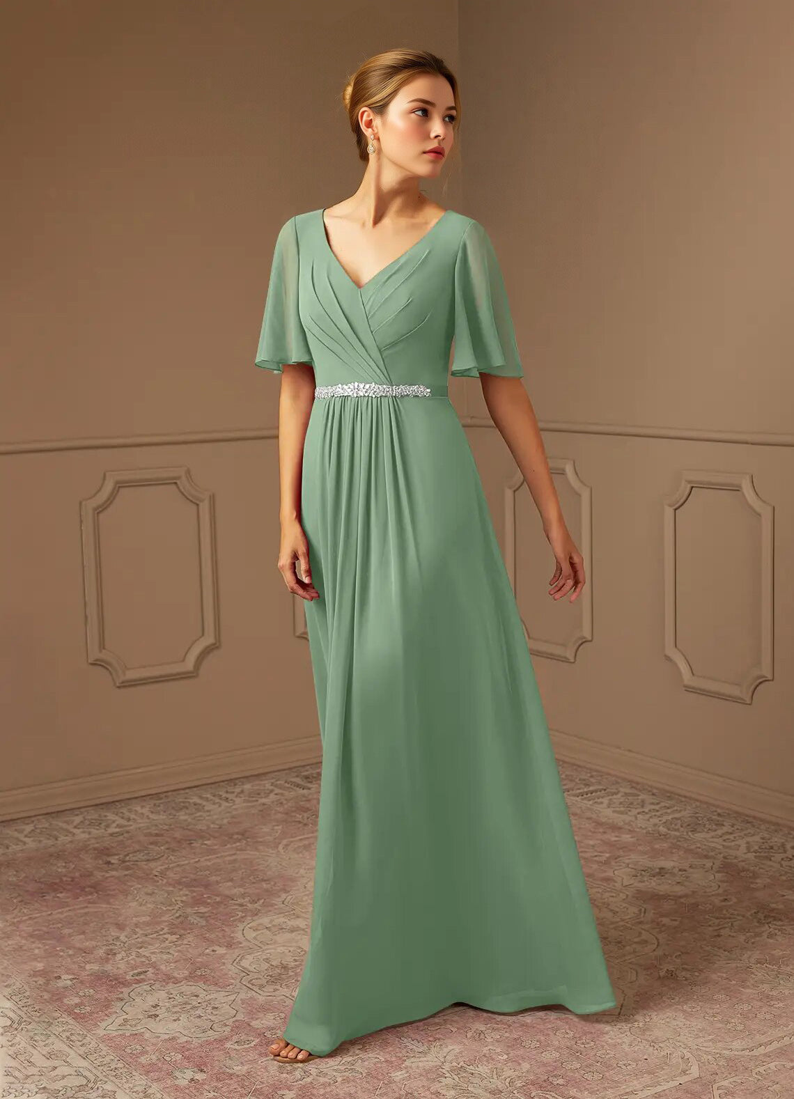 Augday A-Line V-Neck Pleated Chiffon Dress