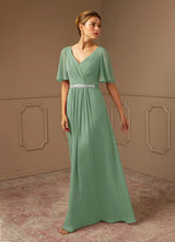 Augday A-Line V-Neck Pleated Chiffon Dress