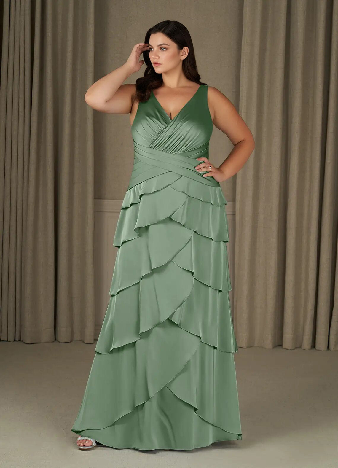 Augday Viola A-Line Pleated Stretch Satin Dress Plus Size
