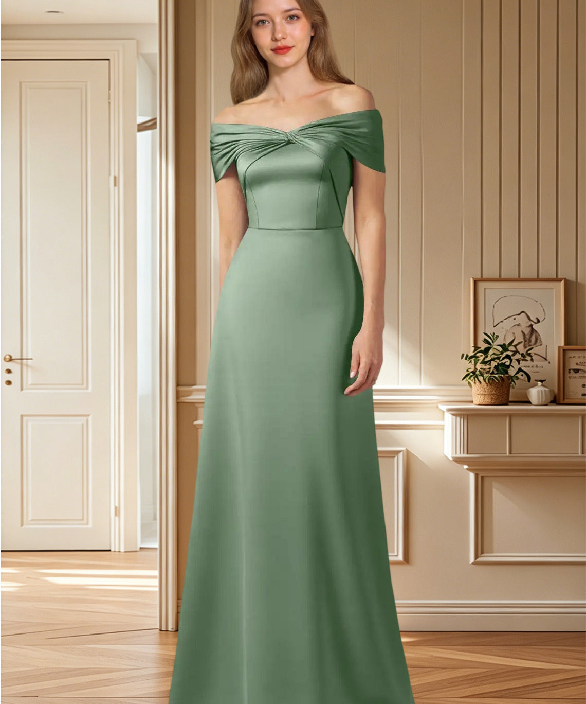 Augday Amelia A-Line Off the Shoulder Stretch Satin Dress
