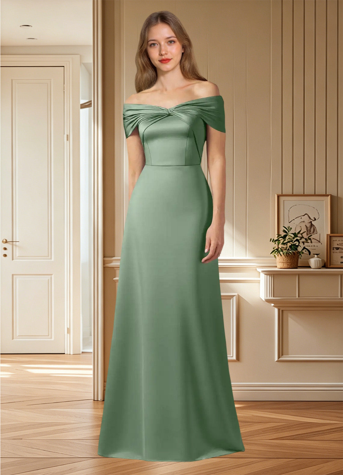 Augday Amelia A-Line Off the Shoulder Stretch Satin Dress