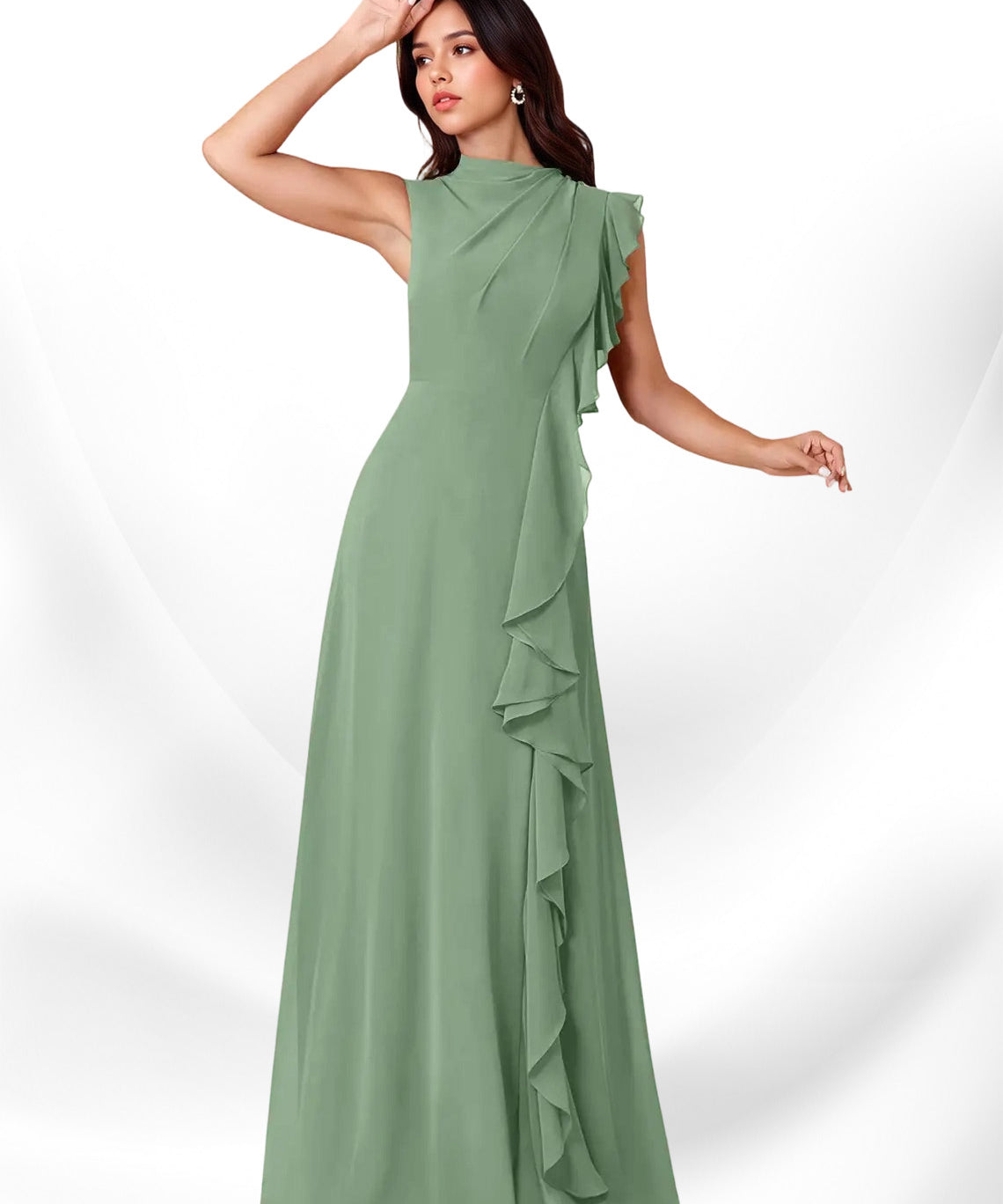 Augday Narine A-Line High Neckline Pleated Chiffon Dress