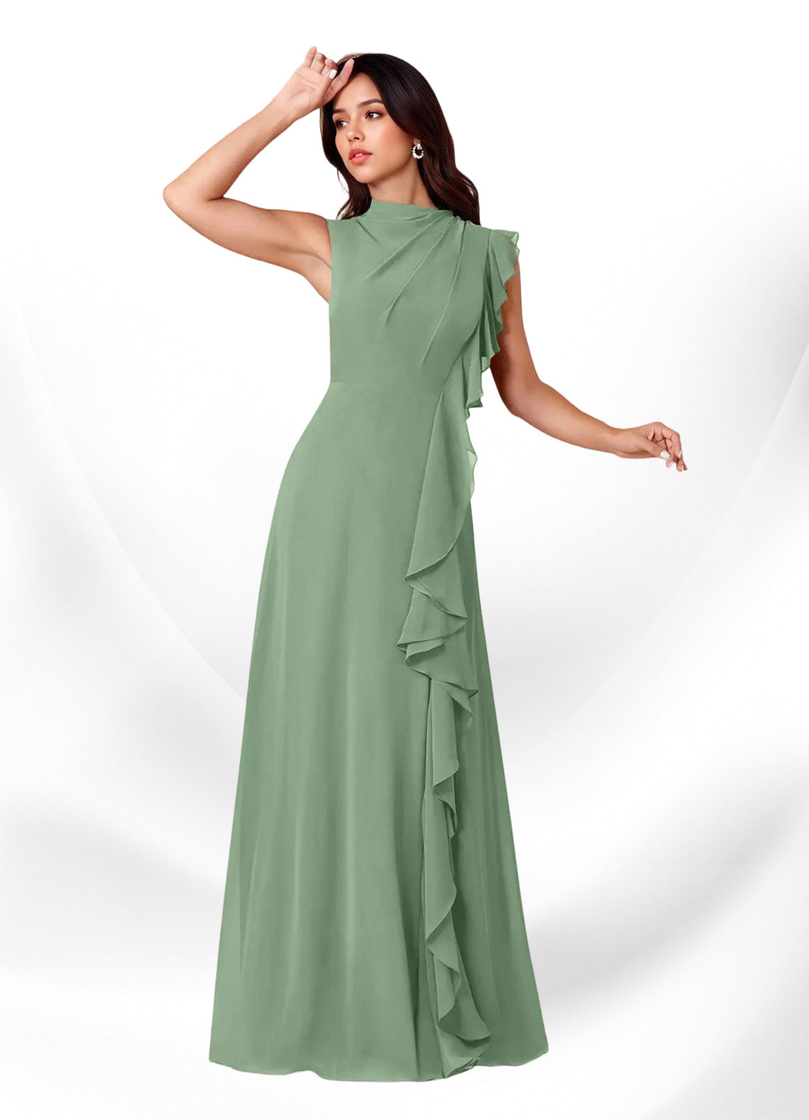 Augday Narine A-Line High Neckline Pleated Chiffon Dress