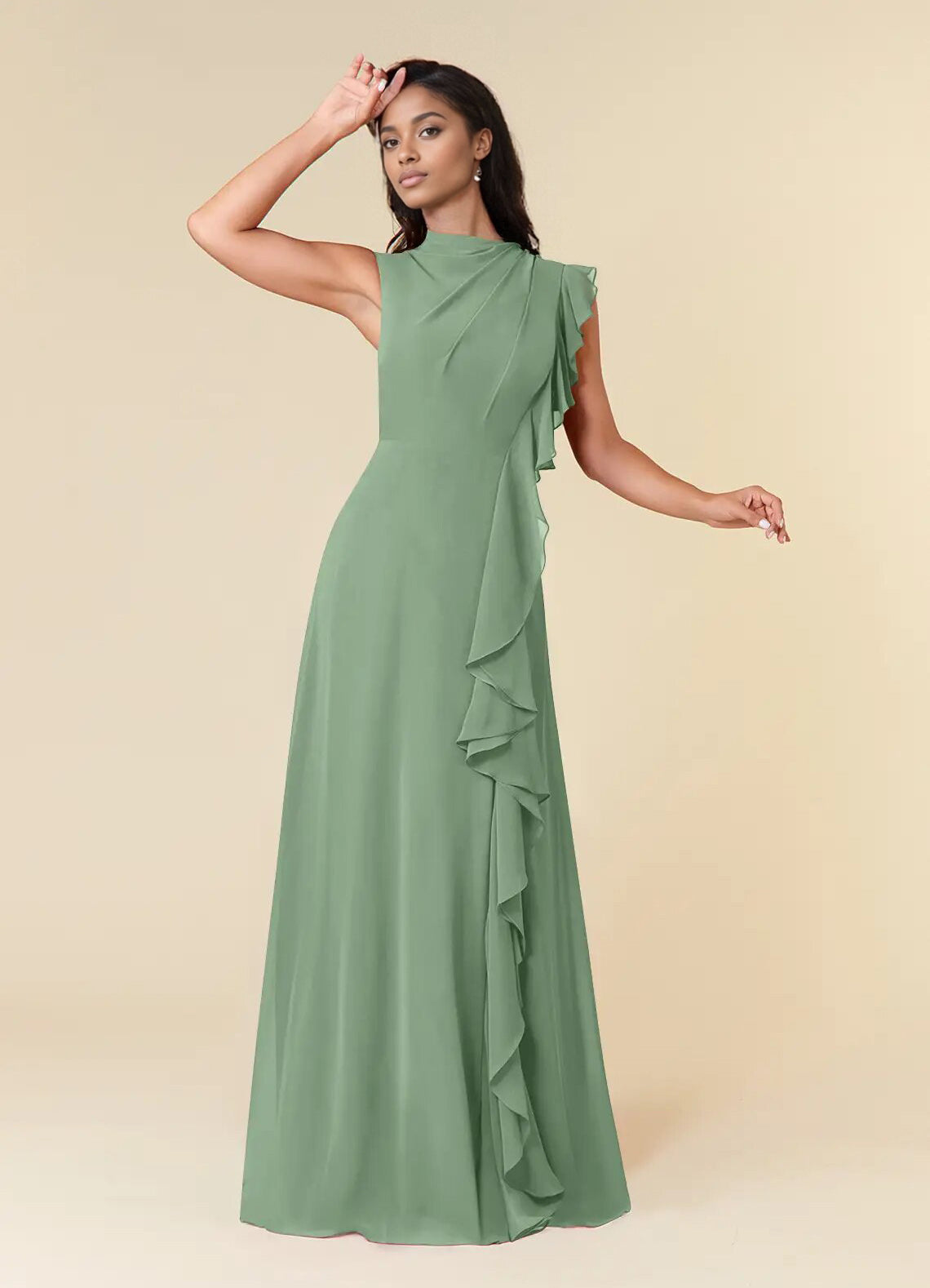 Augday A-Line High Neckline Pleated Chiffon Dress