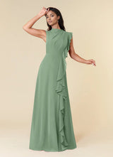Augday A-Line High Neckline Pleated Chiffon Dress