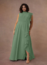 Augday A-Line High Neckline Pleated Chiffon Dress Plus Size