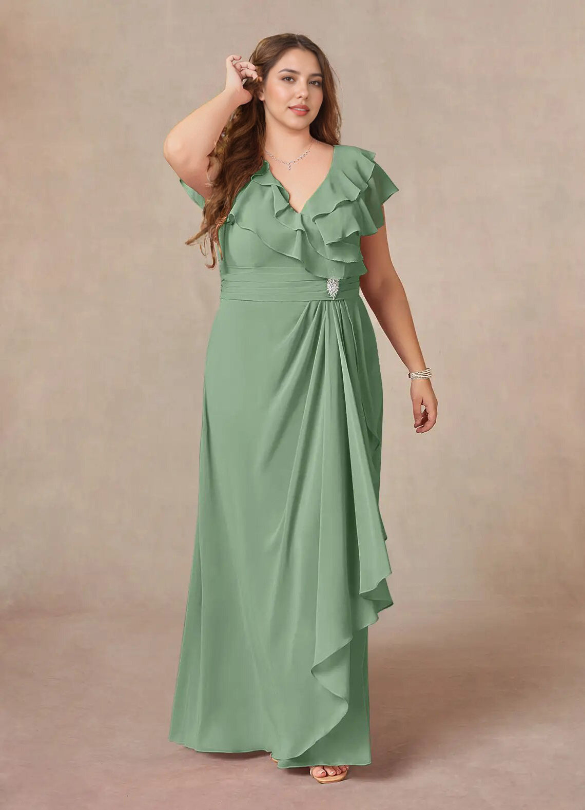 Augday A-Line V-Neck Ruched Chiffon Dress Plus Size