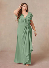 Augday A-Line V-Neck Ruched Chiffon Dress Plus Size