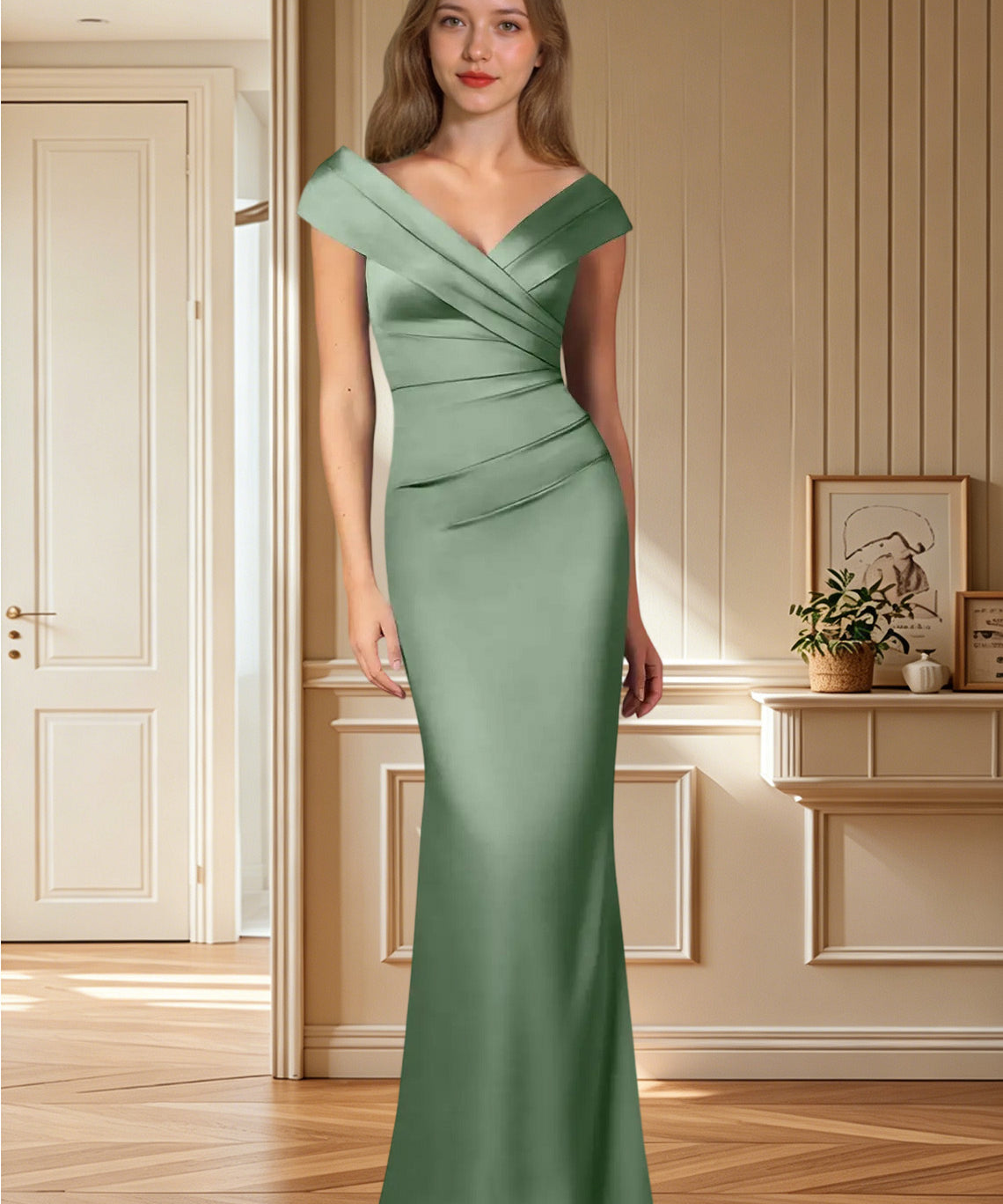 Augday Ludlow Mermaid Pleated Stretch Satin Dress