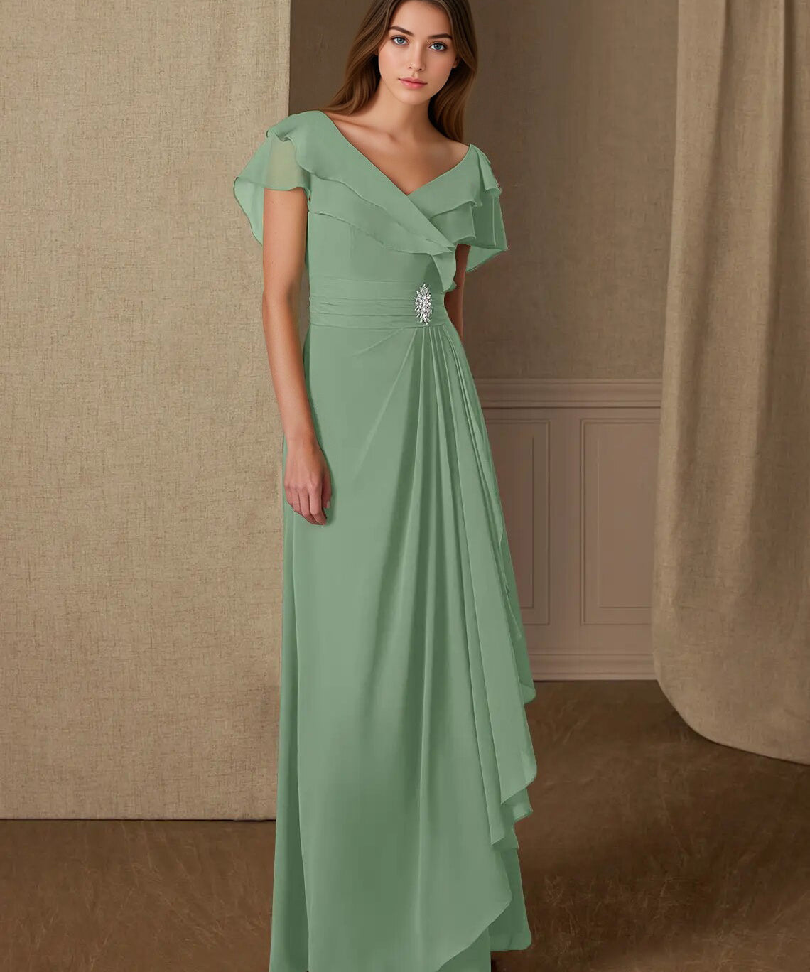 Augday A-Line V-Neck Ruched Chiffon Dress