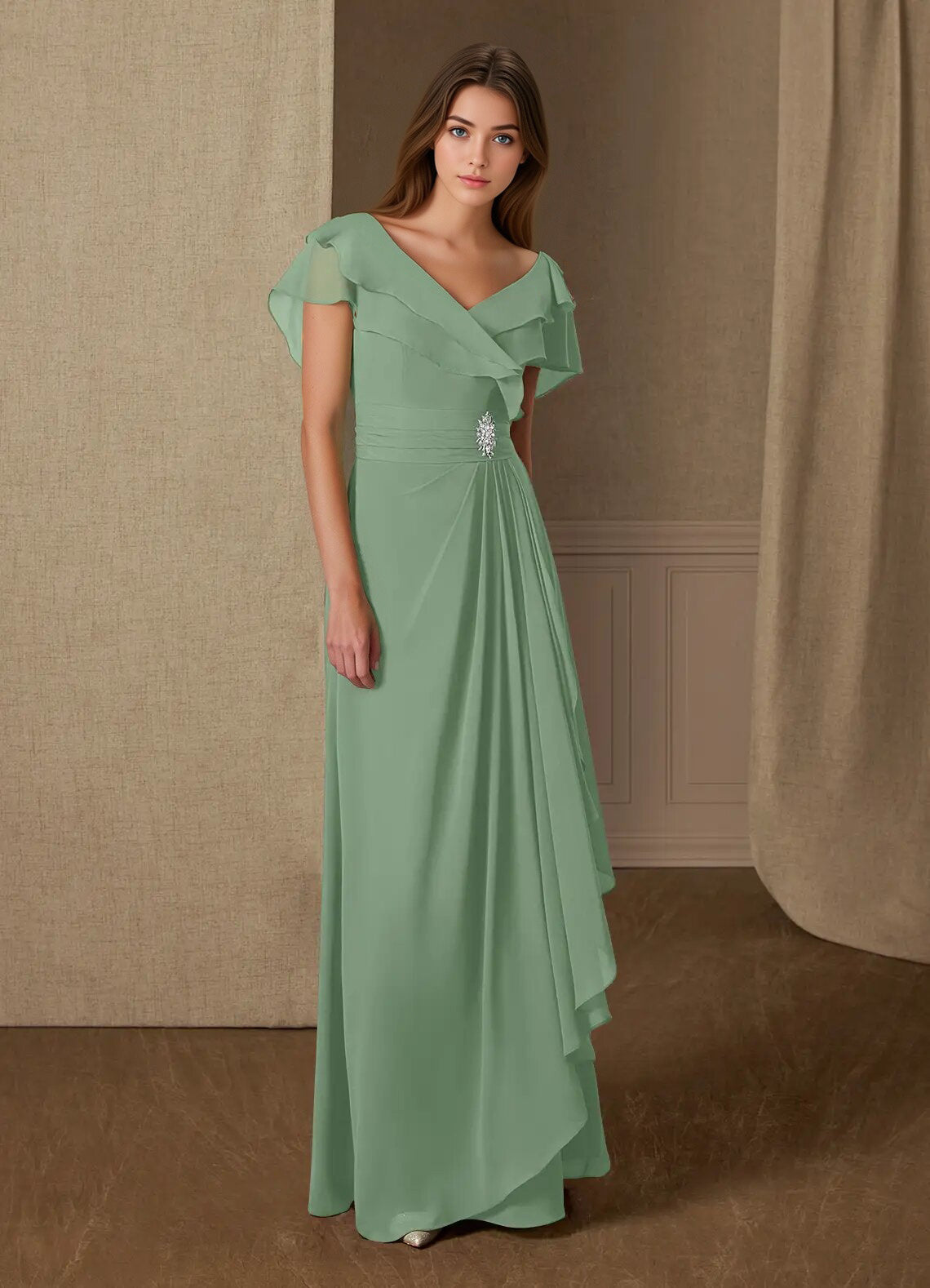 Augday A-Line V-Neck Ruched Chiffon Dress