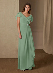 Augday A-Line V-Neck Ruched Chiffon Dress