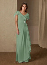 Augday A-Line V-Neck Ruched Chiffon Dress