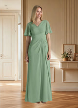 Augday Morning Glory A-Line V-Neck Ruched Chiffon Dress