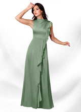 Augday Narine A-Line High Neckline Pleated Stretch Satin Dress