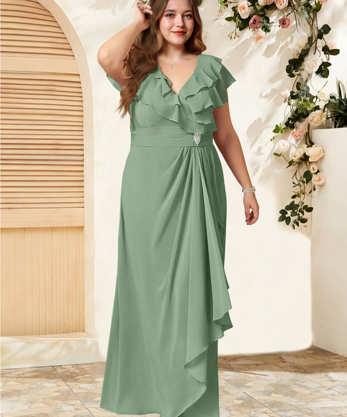 Augday Snapdragon A-Line V-Neck Ruched Chiffon Dress